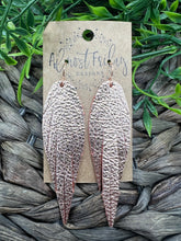 Load image into Gallery viewer, Genuine Leather Earrings - Feather - Feather Earrings - Rose Gold - Metallic - Statement Earrings - Fringe