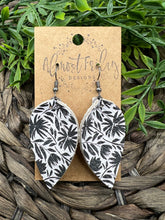 Load image into Gallery viewer, Genuine Leather Earrings - Black - White - Floral - Flowers - Leaf Cut - Pinched Leaf - Cut Out - Statement Earrings - Neutral