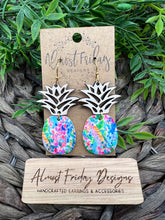 Load image into Gallery viewer, Genuine Leather Earrings - Wood Earrings - Pineapple Earrings - Pink - Green - Blue - Orange - Yellow - Tropical - Flowers - Floral Design - Textured Leather - Summer Earrings - Statement Earrings