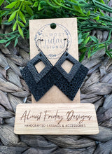 Load image into Gallery viewer, Genuine Leather Earrings - Metallic - Diamond Fringe - Layered Earring - Textured Leather - Black - Shimmery