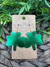 Load image into Gallery viewer, Genuine Leather Earrings - Saint Patrick's Day - Green Earrings - Three Leaf Clovers - Metallic Green - Metallic Leather - Clovers - Shamrocks - Statement Earrings