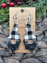 Load image into Gallery viewer, Genuine Leather Earrings - Christmas Earrings - Gnome - Winter - Cut Out Earrings - White and Black - Buffalo Check - Hair On Leather - Buffalo Check - Statement Earrings