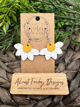 Load image into Gallery viewer, Genuine Leather Earrings - Embossed Daisy - Daisies - Floral - Yellow - White - Flowers - Summer Earrings - Statement Earrings - Spring - Horizontal - Mustard - Patent Leather