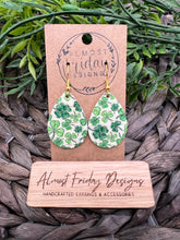 Load image into Gallery viewer, Genuine Leather Earrings - Teardrop - Saint Patrick's Day - Green - White - Three Leaf Clovers - Clovers - Shamrocks - Statement Earrings - Four Leaf Clovers