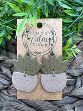 Load image into Gallery viewer, Genuine Leather Earrings - Embossed Earrings - Succulents - Plants - Olive - Taupe - Statement Earrings