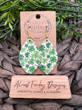 Load image into Gallery viewer, Genuine Leather Earrings - Leaf Cut - Saint Patrick's Day - Green - White - Three Leaf Clovers - Clovers - Shamrocks - Statement Earrings - Four Leaf Clovers