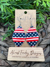 Load image into Gallery viewer, Genuine Leather Earrings - Red - Blue - Patriotic Earrings - American Flag - Stars and Stripes - 4th of July - Leaf Cut - Independence Day - USA - Olympics