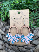 Load image into Gallery viewer, Genuine Leather Earrings - Petal - Scallop - Arch Design - Coral and Teal - Sapele - Floral - Flower Earring - Statement Earrings - Wood and Leather Earrings