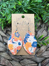 Load image into Gallery viewer, Genuine Leather Earrings - Orange Flowers - Peach - Blue - Fall Earrings - Fall Flowers - Leaf Cut - Cut Out Earrings - Statement Earrings