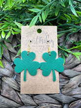 Load image into Gallery viewer, Genuine Leather Earrings - Saint Patrick's Day - Green Earrings - Clovers - Shamrocks - Statement Earrings - Three Leaf Clovers