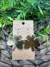 Load image into Gallery viewer, Genuine Leather Earrings - Saint Patrick's Day - Gold Earrings - Three Leaf Clovers - Metallic Gold - Metallic Leather - Clovers - Shamrocks - Statement Earrings