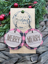 Load image into Gallery viewer, Wood Earrings - Genuine Leather - Merry - Round - Sapele - Buffalo Check - Christmas Earrings - Statement Earrings - Black and Red