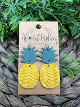 Load image into Gallery viewer, Genuine Leather Earrings - Pineapple Earrings - Yellow - Green - Textured Leather - Colorful - Summer Earrings - Statement Earrings