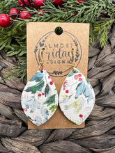 Load image into Gallery viewer, Genuine Leather Earrings - Leaf Cut - Christmas Earrings - Christmas - Cut Out Earrings - Christmas Holly - Statement Earrings - Red - White - Green