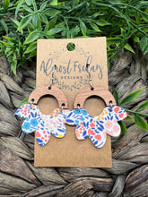 Load image into Gallery viewer, Genuine Leather Earrings - Petal - Scallop - Floral - Flowers - Blue - Peach - Yellow - Statement Earrings - Arch Connector - Wood and Leather Earrings