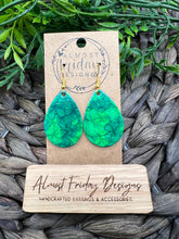 Load image into Gallery viewer, Genuine Leather Earrings - Teardrop - Saint Patrick's Day - Green - Three Leaf Clovers - Clovers - Shamrocks - Statement Earrings - Four Leaf Clovers
