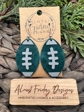 Load image into Gallery viewer, Genuine Leather Earrings - Eagles - Green - Gray - Leaf Cut - Fall Leather Genuine Leather Earrings - Football Print - Football Earrings - Statement Earrings