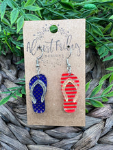 Load image into Gallery viewer, Acrylic Earrings - Red - Blue - Patriotic Earrings - Flip Flops - Summer Earrings - Stars and Stripes - 4th of July - Independence Day - USA - Olympics
