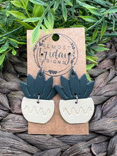 Load image into Gallery viewer, Genuine Leather Earrings - Embossed Earrings - Succulents - Plants - Forrest Green - Ivory - Statement Earrings