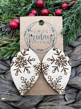 Load image into Gallery viewer, Wood Earrings - Dangle Earrings - Snowflake - Winter Earrings - Teardrop - Statement Earrings - Engraved