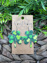 Load image into Gallery viewer, Genuine Leather Earrings - Saint Patrick's Day - Green Earrings - Clovers - Teardrop - Shamrocks - Statement Earrings - Three Leaf Clover