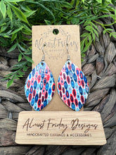 Load image into Gallery viewer, Genuine Leather Earrings - Red - Blue - Patriotic Earrings - Oval Design - Stars and Stripes - 4th of July - Leaf Cut - Independence Day - USA - Olympics - Statement Earrings