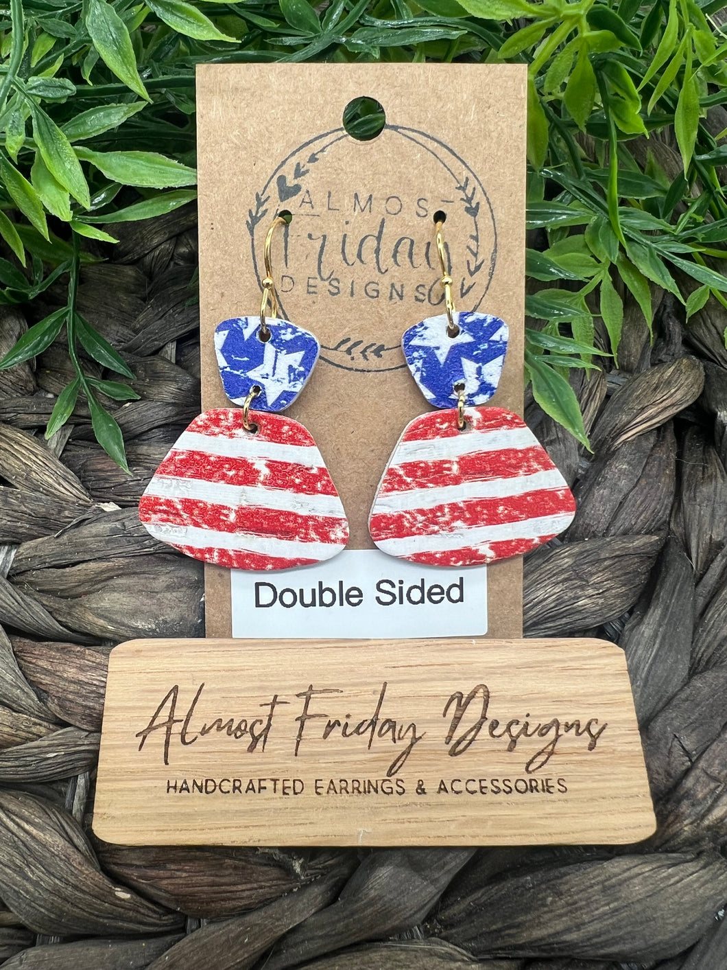 Genuine Leather Earrings - Pyramid - Red - Blue - Patriotic Earrings - American Flag - Stars and Stripes - 4th of July - Double Sided - Independence Day - USA - Olympics