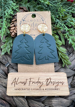 Load image into Gallery viewer, Genuine Leather Earrings - Christmas Tree - Tag - Green - Christmas Tree Earrings - Embossed - Stud Post - Statement Earrings - Gold Glitter
