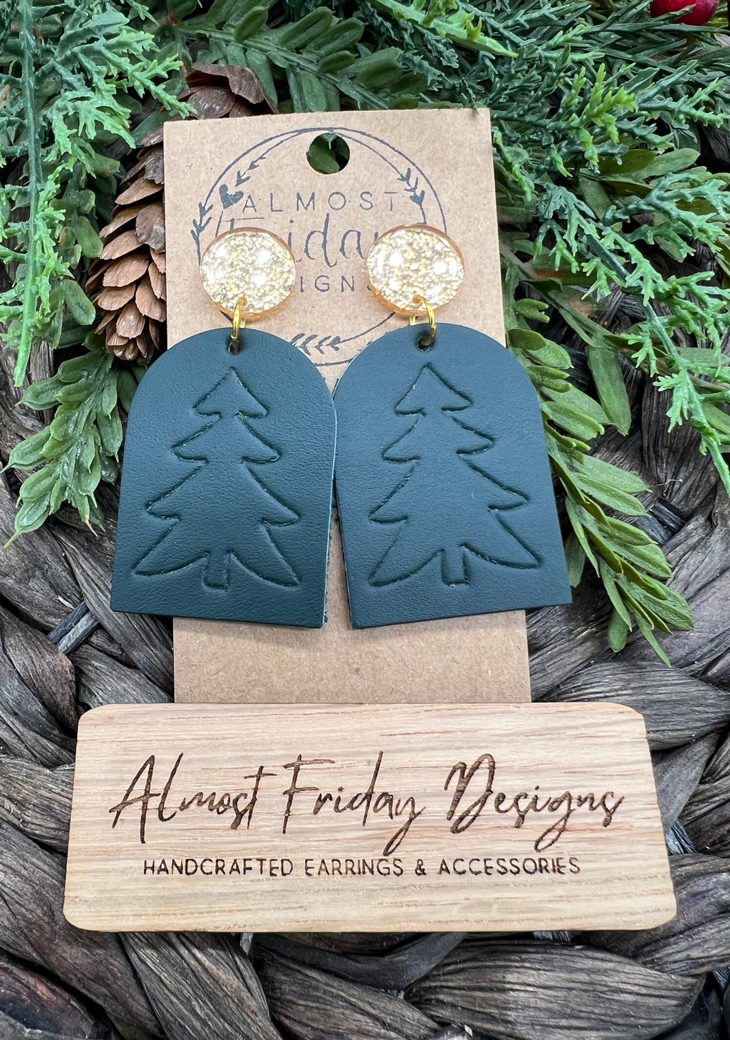 Genuine Leather Earrings - Christmas Tree - Tag - Green - Christmas Tree Earrings - Embossed - Stud Post - Statement Earrings - Gold Glitter