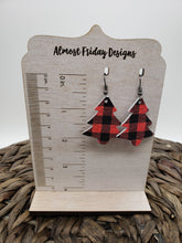 Load image into Gallery viewer, Genuine Leather Earrings - Christmas Tree - Plaid - Statement Earrings - Metallic Leather - Black - Red - Textured Leather
