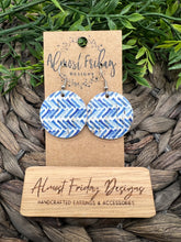 Load image into Gallery viewer, Genuine Leather Earrings - Circle - Blue and White - Chevron Design Earrings
