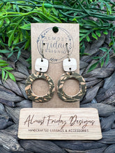 Load image into Gallery viewer, Genuine Leather Earrings - Wood Connector - Flowers - Floral - Olive - Tan - White Oak - Hoop Earrings - Hoops - Circle - Circle Cut Out - Statement Earrings
