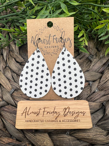 Genuine Leather Earrings - Teardrop Earrings - White Dots - Polka Dots - Black Teardrops