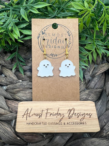 Enamel Earrings - Little Ladies - White - Gold - Ghost - Halloween - Small Earrings - Statement Earrings