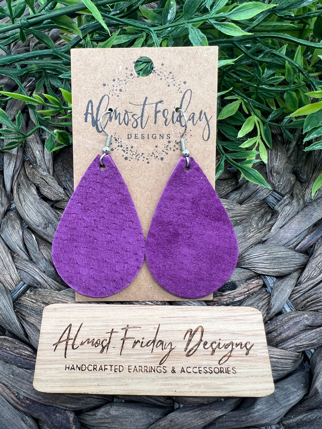 Genuine Leather Earrings - Teardrop - Suede - Purple - Statement Earrings - Leather