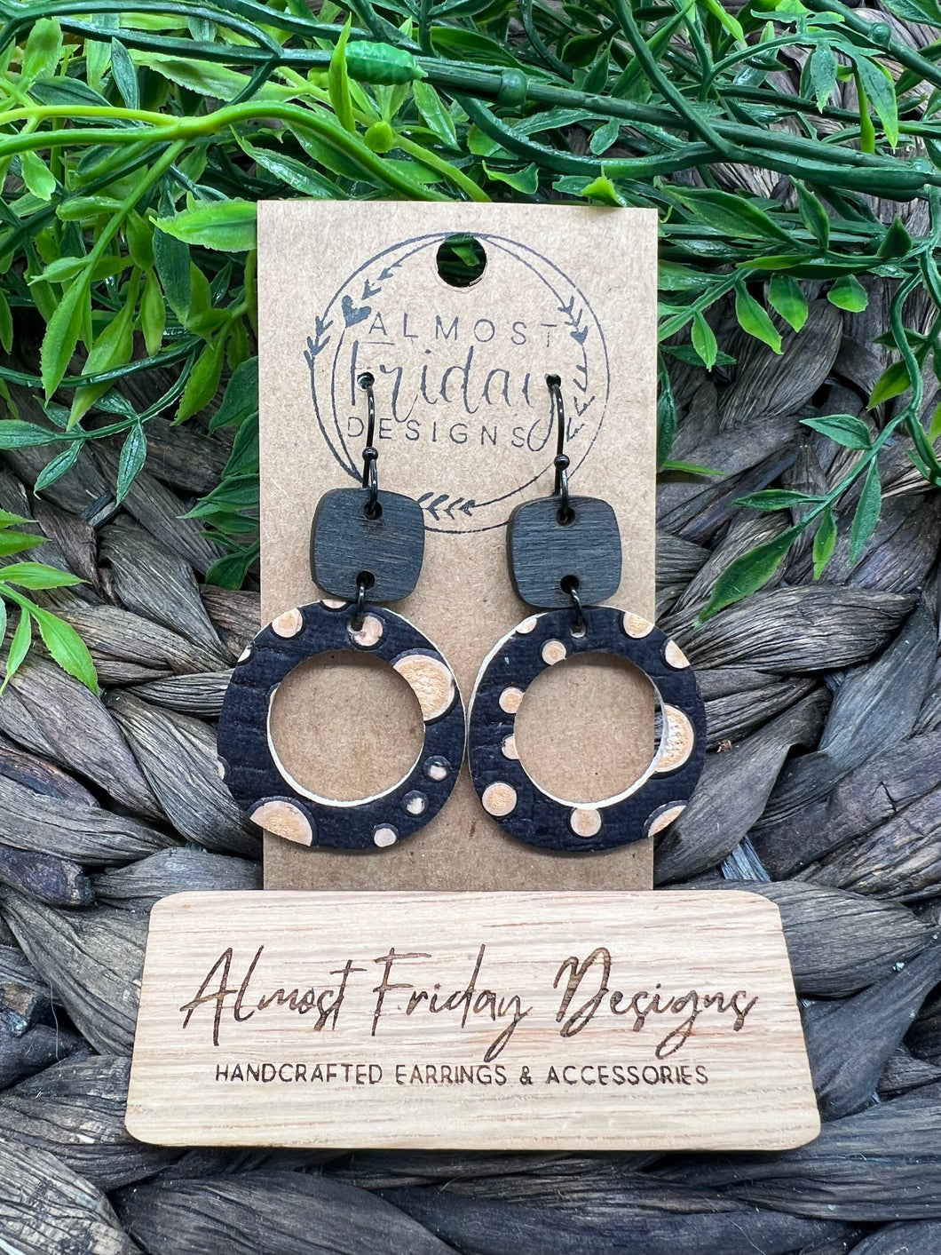 Genuine Leather Earrings - Wood - Black - Brown - Tan - Spots - Dots - Hoop Earrings - Hoops - Circle - Circle Cut Out - Statement Earrings