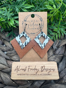 Genuine Leather Earrings - Boho Designs - Diamond Fringe - Layered Earring - Neutral - Brown - Black - White - Statement Earring