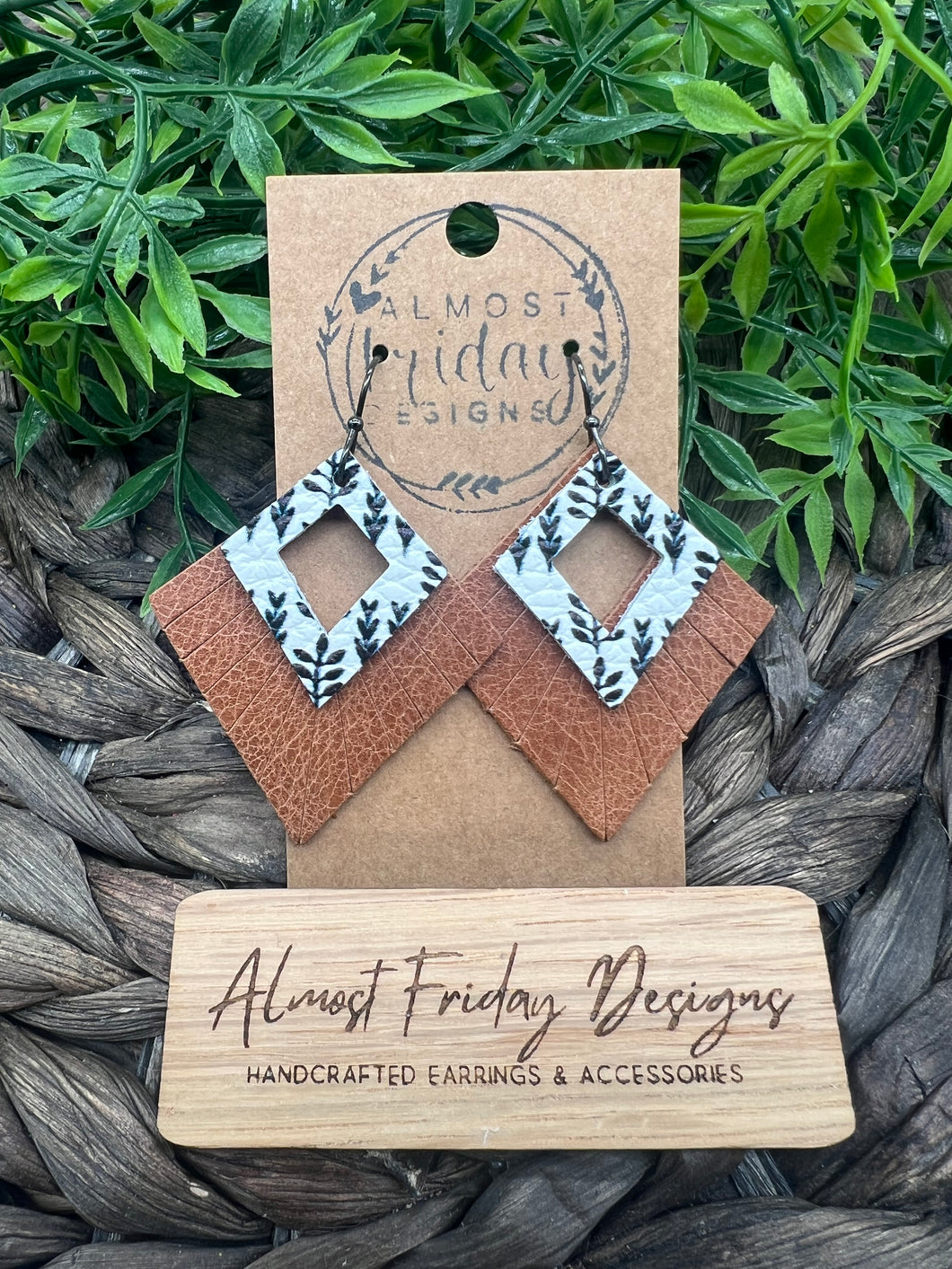 Genuine Leather Earrings - Boho Designs - Diamond Fringe - Layered Earring - Neutral - Brown - Black - White - Statement Earring