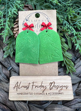 Load image into Gallery viewer, Genuine Leather Earrings - Christmas Tree - Tag - Green - Christmas Tree Earrings - Embossed - Stud Post - Statement Earrings - Red Bow
