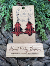 Load image into Gallery viewer, Genuine Leather Earrings - Christmas Tree - Plaid - Statement Earrings - Metallic Leather - Black - Red - Textured Leather
