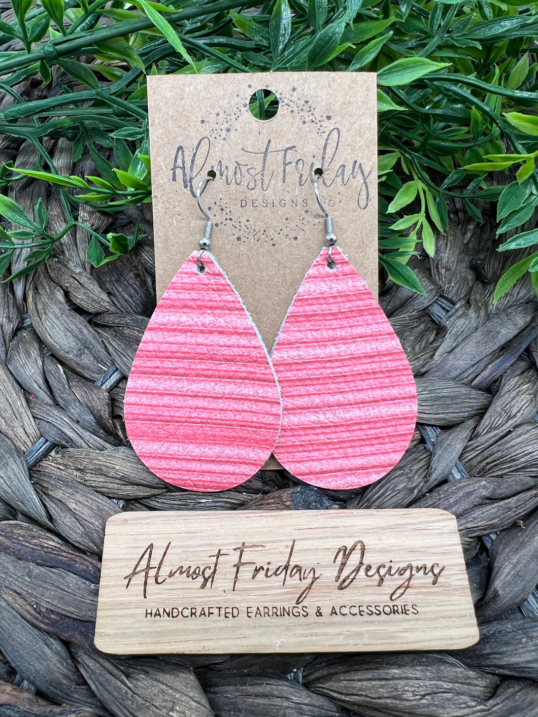 Genuine Leather Earrings - Lines - Stripes - Teardrop Earrings - Coral - Statement Earrings - Summer Earrings