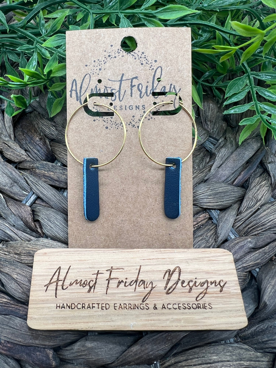 Genuine Leather Earrings - Tags - Circle Earrings - Navy - Gold - Metal Hoops