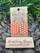 Load image into Gallery viewer, Genuine Leather Earrings - Dark Orange - White - Christmas Earrings - Polka Dot - Dots - Teardrop - Statement Earrings
