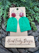 Load image into Gallery viewer, Genuine Leather Earrings - Christmas Tree - Tag - Green - Christmas Tree Earrings - Embossed - Stud Post - Statement Earrings - Red Glitter
