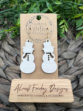 Load image into Gallery viewer, Wood Earrings - Snowman Earrings - Winter - White - Statement Earrings - Snow
