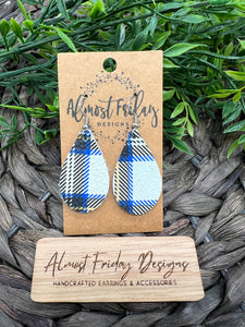 Genuine Leather Earrings - Teardrop Earrings - Plaid - Tartan Plaid - Fall Plaid - White - Yellow - Blue - Black