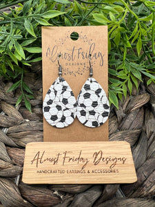 Genuine Leather Earrings - Soccer - Soccer Earrings - Teardrop - Sports - Black and White - Statement Earrings