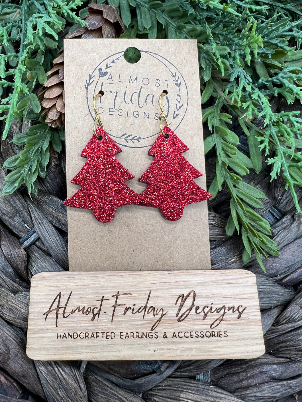 Genuine Leather Earrings - Christmas Tree - Statement Earrings - Metallic Leather - Glitter - Red - Textured Leather - Textured Leather - Fine Glitter