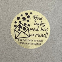 Load image into Gallery viewer, Sticker - Business - Happy Mail - Gold Transparent - Your Lucky Mail Has Arrived - St. Patrick&#39;s Day - Lucky Charm - Gold Glitter - Scallop Rainbow - Clover - Shamrock
