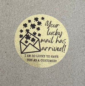 Sticker - Business - Happy Mail - Gold Transparent - Your Lucky Mail Has Arrived - St. Patrick's Day - Lucky Charm - Gold Glitter - Scallop Rainbow - Clover - Shamrock